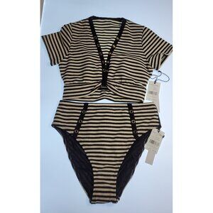 Robin Piccone Jules Stripe Bikini Set Womens Ecru/Black Medium NEW with Tags